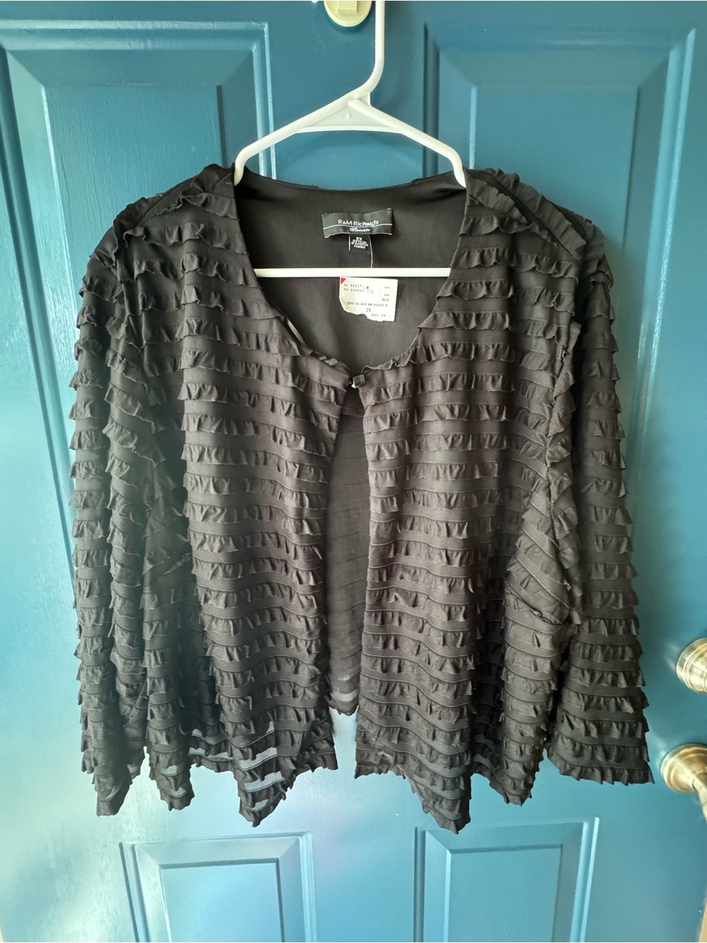 R&M Richards Black Ruffled Open Cardigan